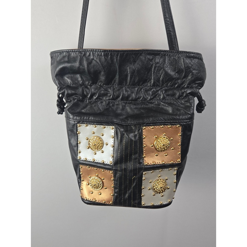Vintage Black Leather Studded Medallion Bucket Bag Shoulder Purse Mixed Metal - Picture 1 of 9